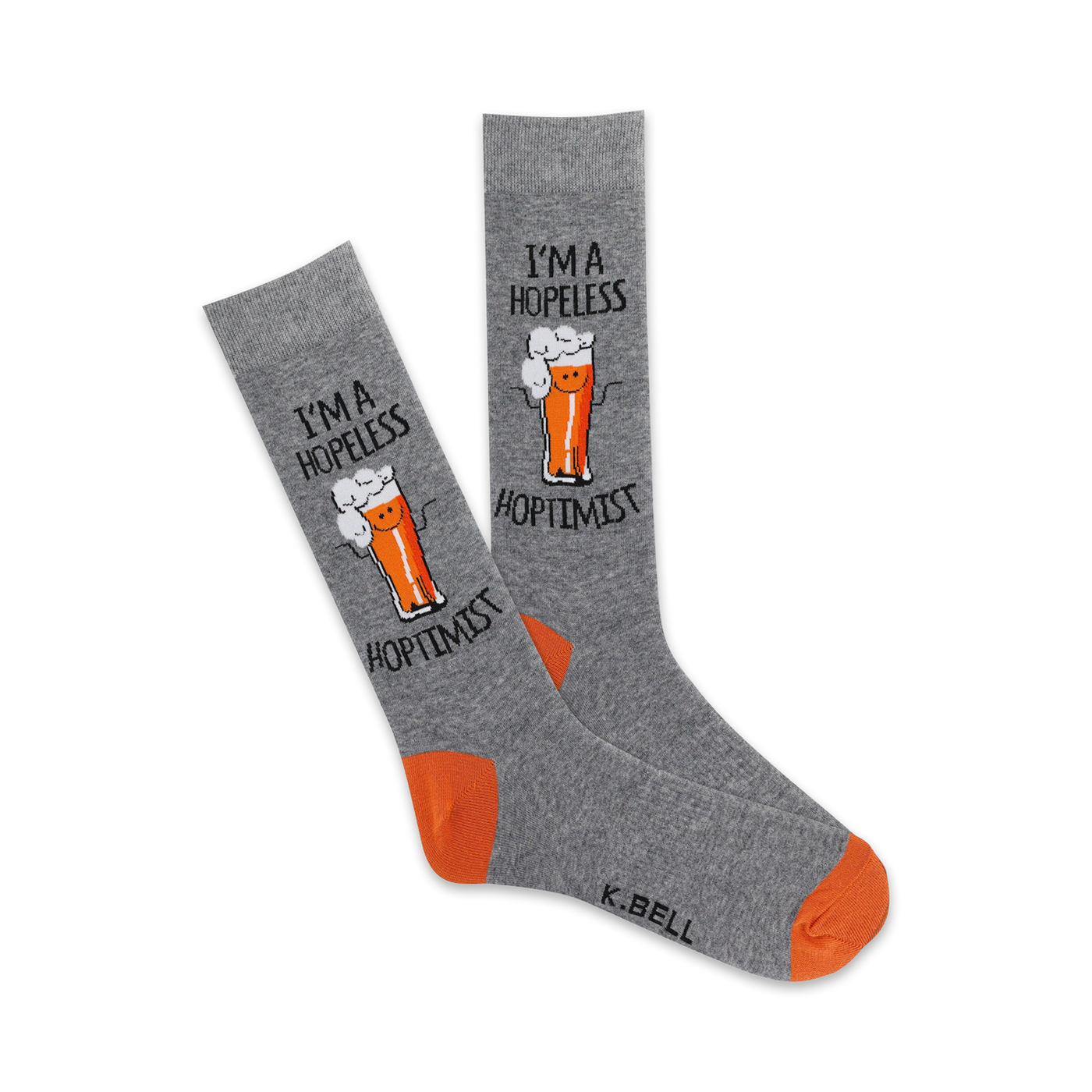 Pair of grey crew socks with an orange heel and toe. Features a graphic of a beer glass with a smiling face and the text 'I'm a Hopeless Hoptimist'.