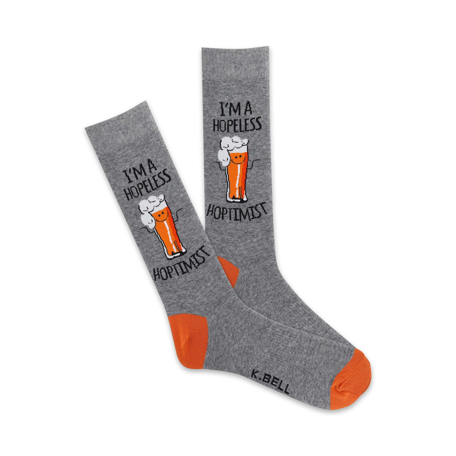 Pair of grey crew socks with an orange heel and toe. Features a graphic of a beer glass with a smiling face and the text 'I'm a Hopeless Hoptimist'.