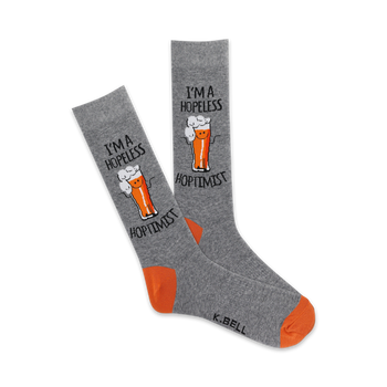 gray crew socks with orange toes and heels. they feature the words "i'm a hopeless hoptimist" and a smiling cartoon beer mug.  