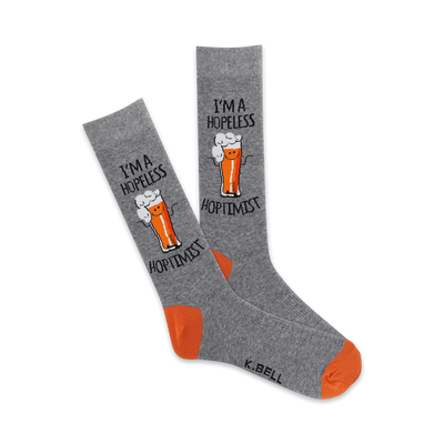 gray crew socks with orange toes and heels. they feature the words "i'm a hopeless hoptimist" and a smiling cartoon beer mug.  