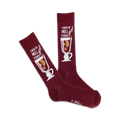 Pair of burgundy crew socks with a whimsical illustration of a glass of mulled wine and the text 'I need to mull it over'.