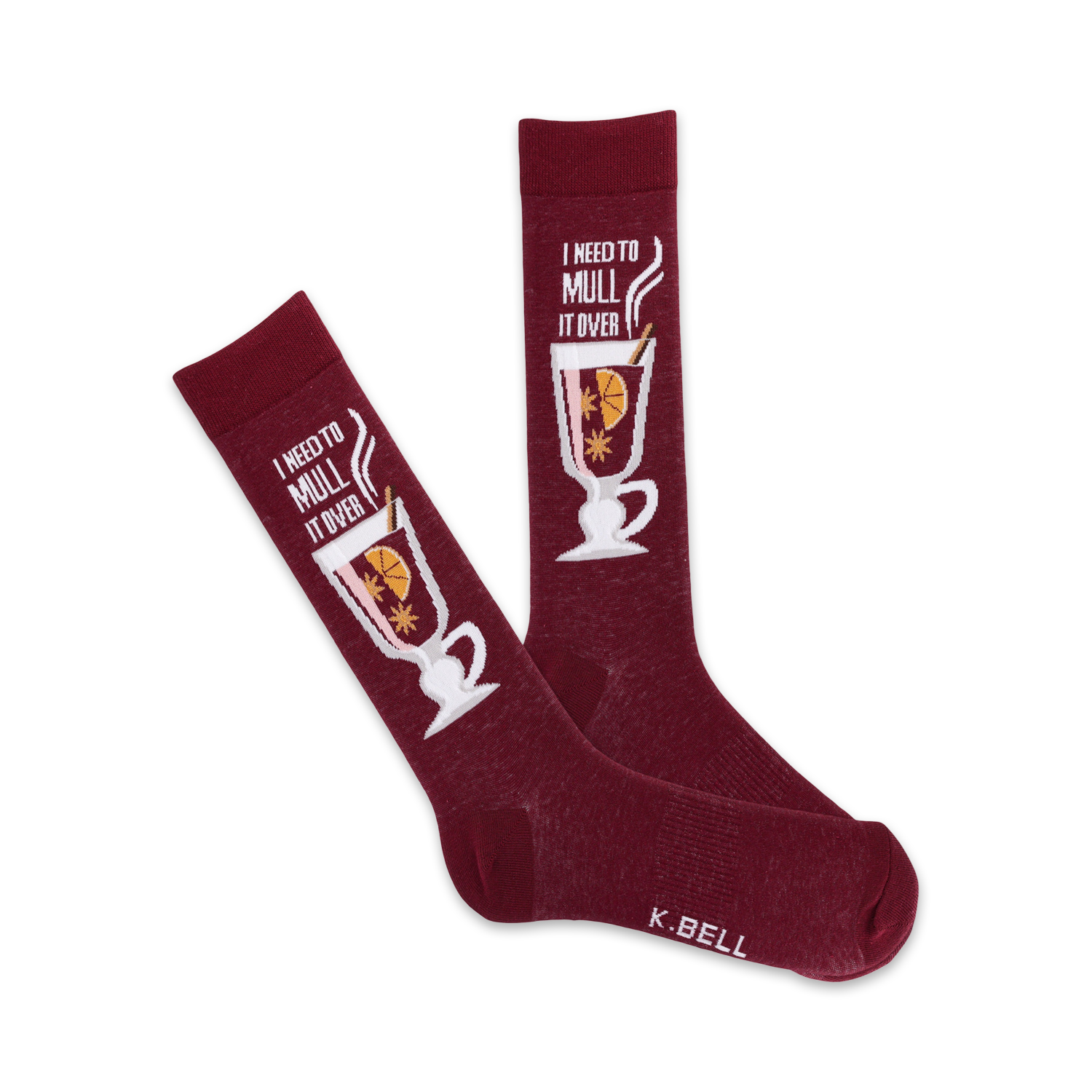 Pair of burgundy crew socks with a whimsical illustration of a glass of mulled wine and the text 'I need to mull it over'.