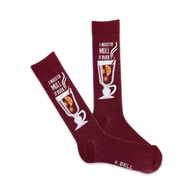 maroon crew socks with white pattern of mulled wine, featuring orange slice and star anise; "i need to mull it over" text.  