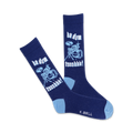 A pair of navy blue crew socks with a light blue drum kit design and the text 'ba dum tssshhh!'
