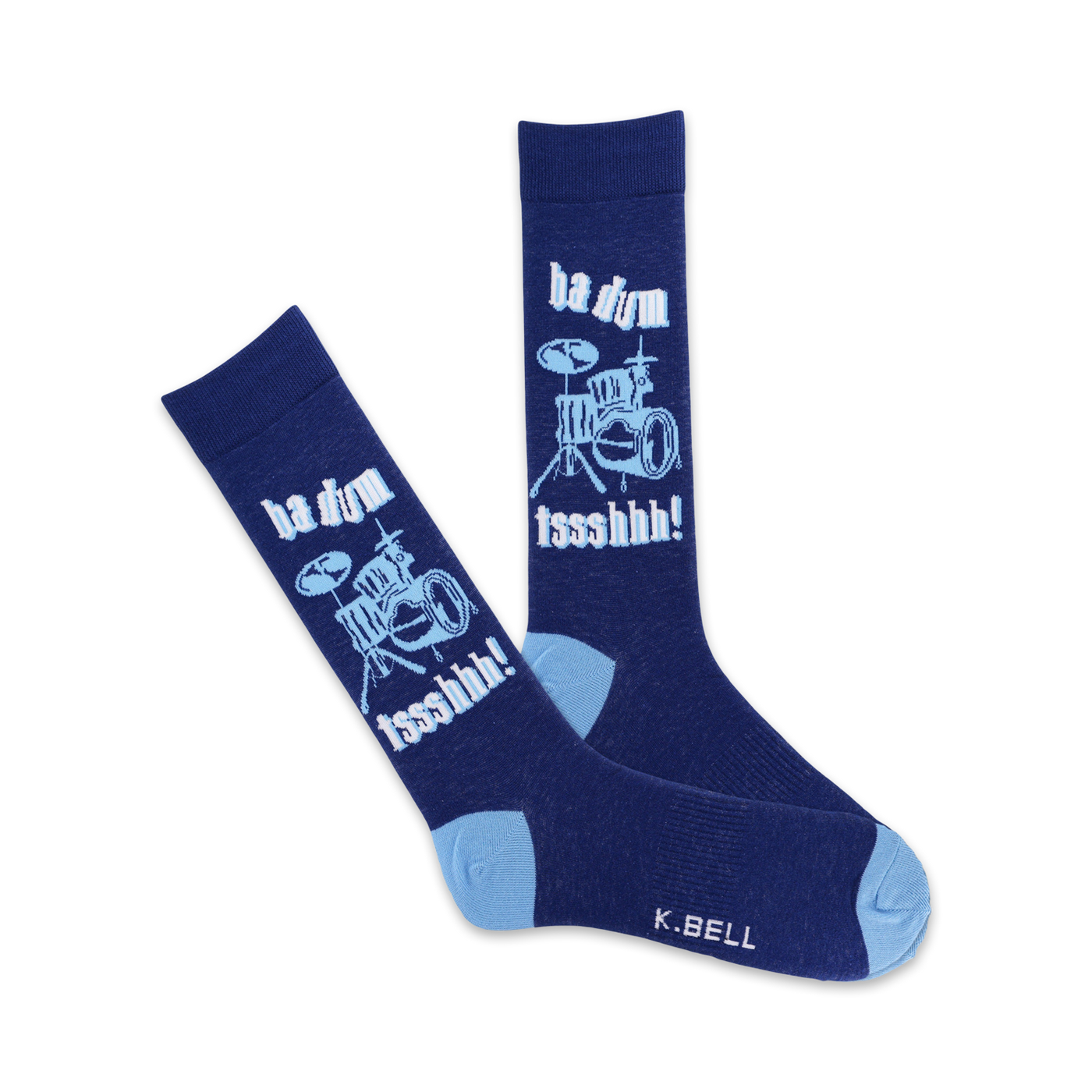 A pair of navy blue crew socks with a light blue drum kit design and the text 'ba dum tssshhh!'