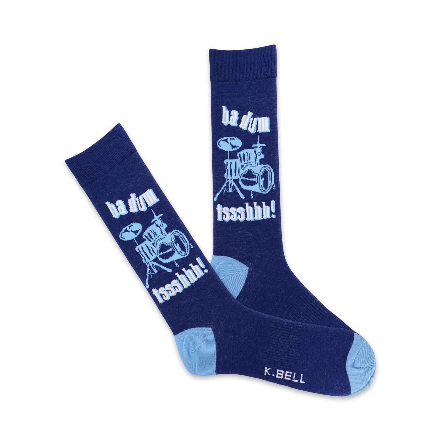 A pair of navy blue crew socks with a light blue drum kit design and the text 'ba dum tssshhh!'