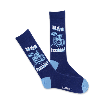 men's blue crew socks with drum kit graphic and 'ba dum tssshhh' text.  