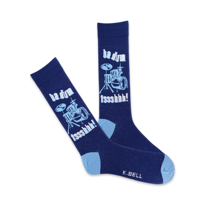 men's blue crew socks with drum kit graphic and 'ba dum tssshhh' text.   }}