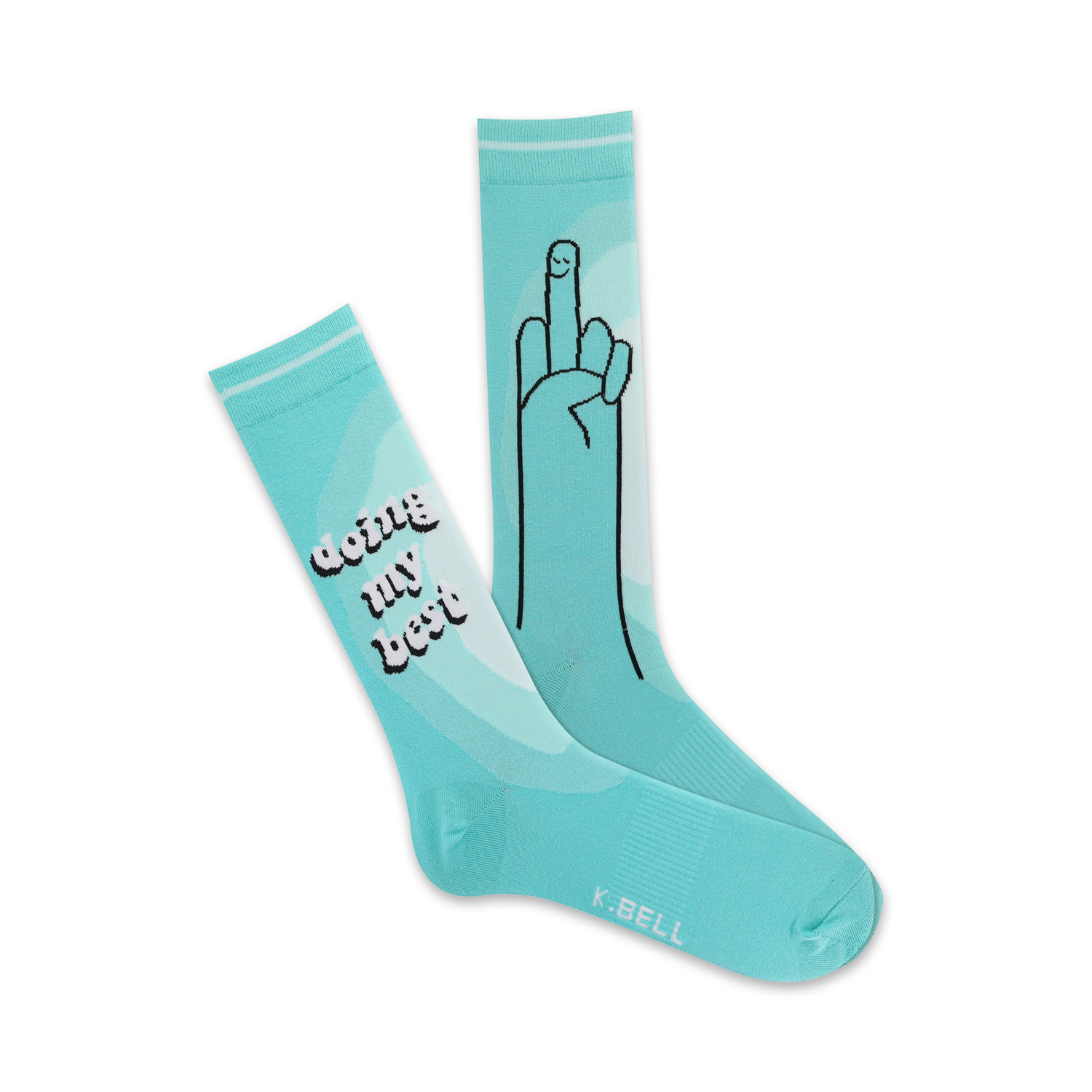 Pair of light blue crew socks. One sock features the text "doing my best" and the other a cartoon hand giving the 'doing my best' gesture.