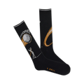 A pair of black crew socks with a golf-themed design.  Features a gold golf ball, player, and swing graphic.  'Fooore!' text is visible.