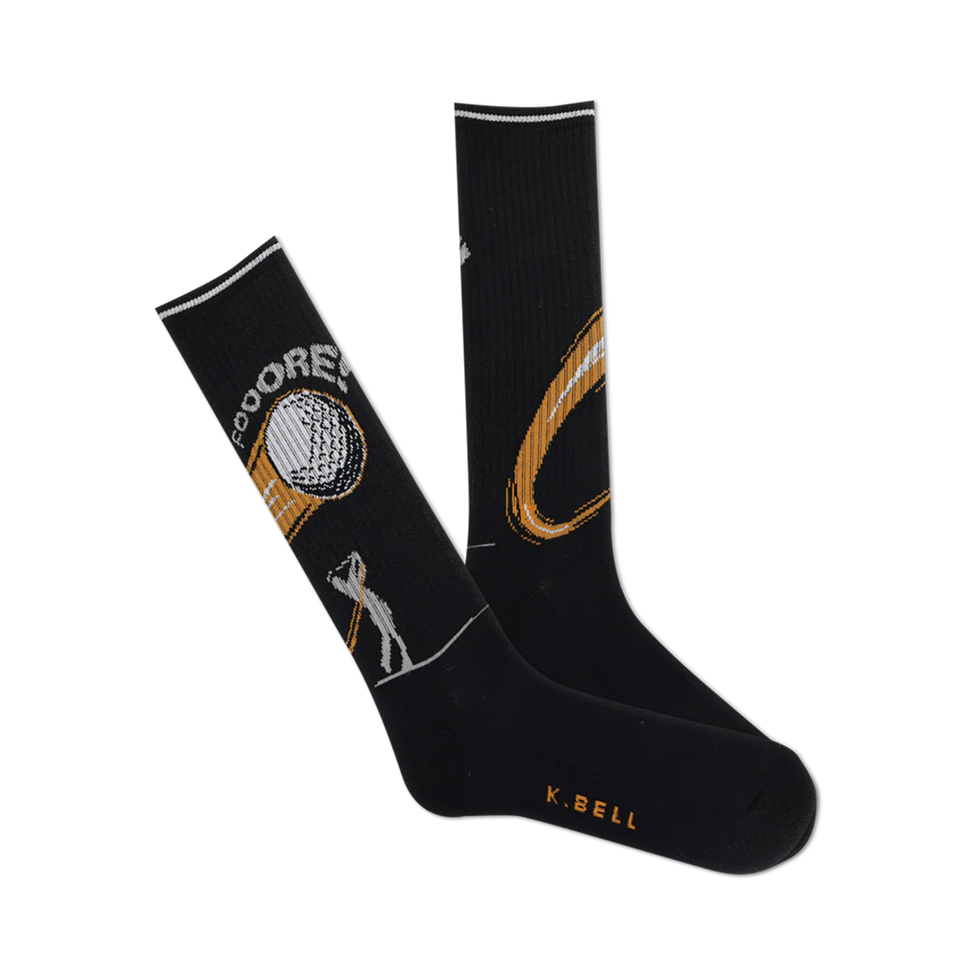 A pair of black crew socks with a golf-themed design.  Features a gold golf ball, player, and swing graphic.  'Fooore!' text is visible.