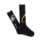 A pair of black crew socks with a golf-themed design.  Features a gold golf ball, player, and swing graphic.  'Fooore!' text is visible.