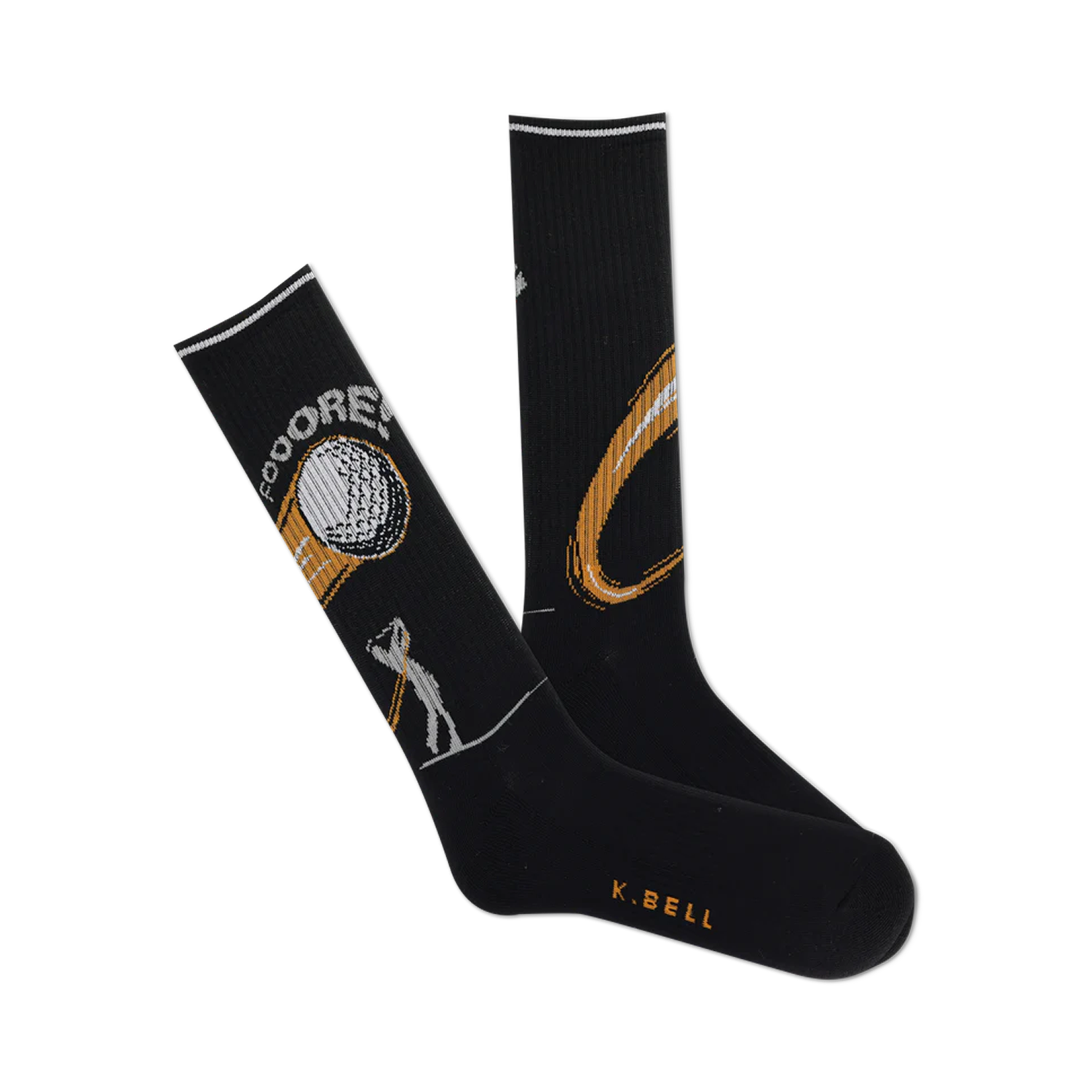A pair of black crew socks with a golf-themed design.  Features a gold golf ball, player, and swing graphic.  'Fooore!' text is visible.