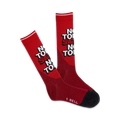 Pair of red crew socks with a white and red 'Not Today Satan' graphic. The socks feature a gradient effect and a black heel.
