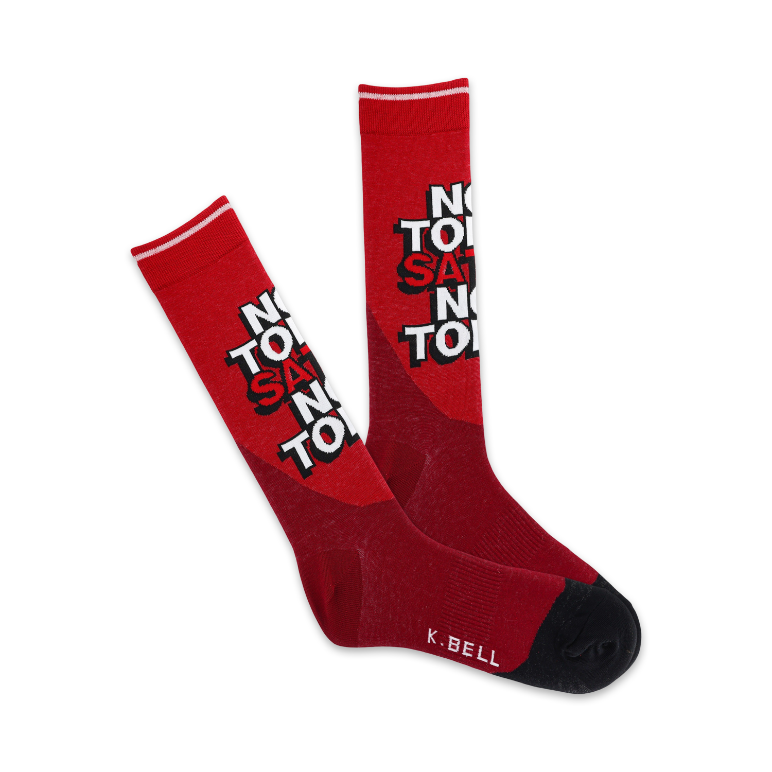 Pair of red crew socks with a white and red 'Not Today Satan' graphic. The socks feature a gradient effect and a black heel.