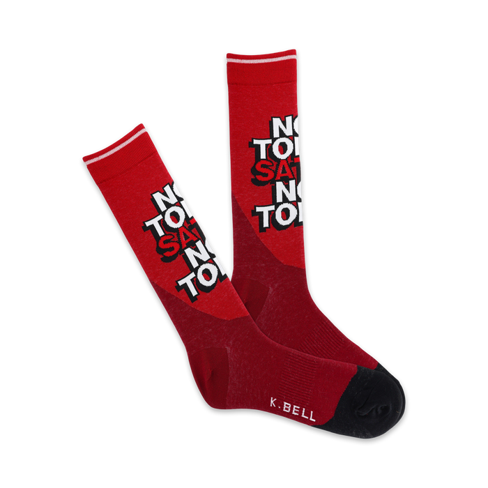 red crew socks with white and black text that reads 'not today satan'.   }}