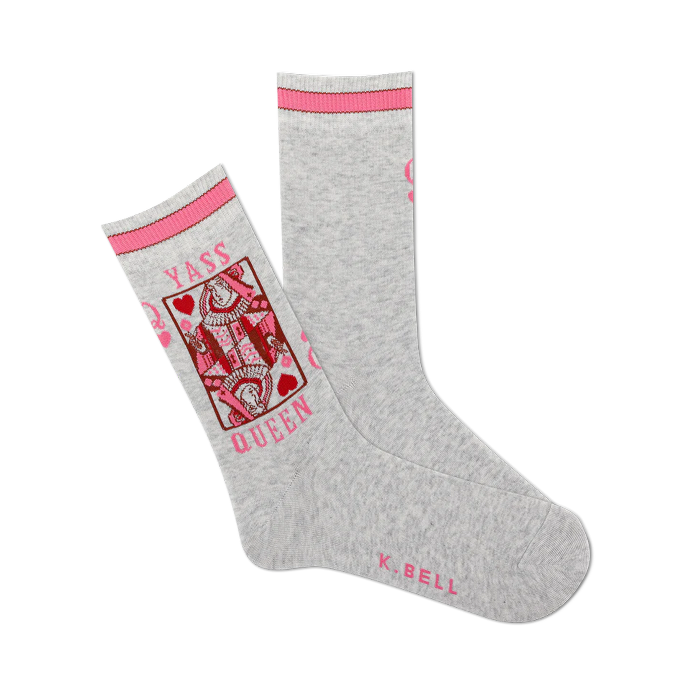 Grey crew socks with pink accents and a Queen of Hearts graphic. The words 'Yass Queen' are stylishly incorporated into the design.
