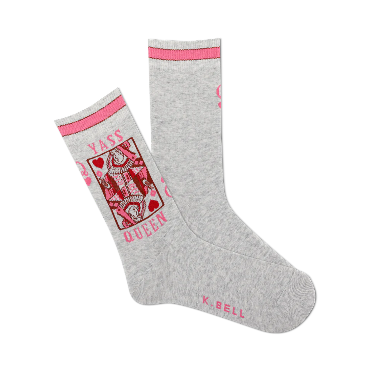 Grey crew socks with pink accents and a Queen of Hearts graphic. The words 'Yass Queen' are stylishly incorporated into the design.