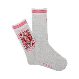 womens yass queen gray crew socks with pink trim, queen of hearts card, hearts, and the word queen in pink text  