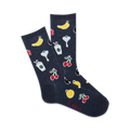 A pair of navy blue crew socks with a playful pattern. The design includes cherries, bananas, coffee cups, dice, and keys in yellow and red.