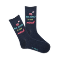 Pair of navy blue crew socks with the phrase 'Be Kind To Your Mind' in pastel colors and small flower illustrations.