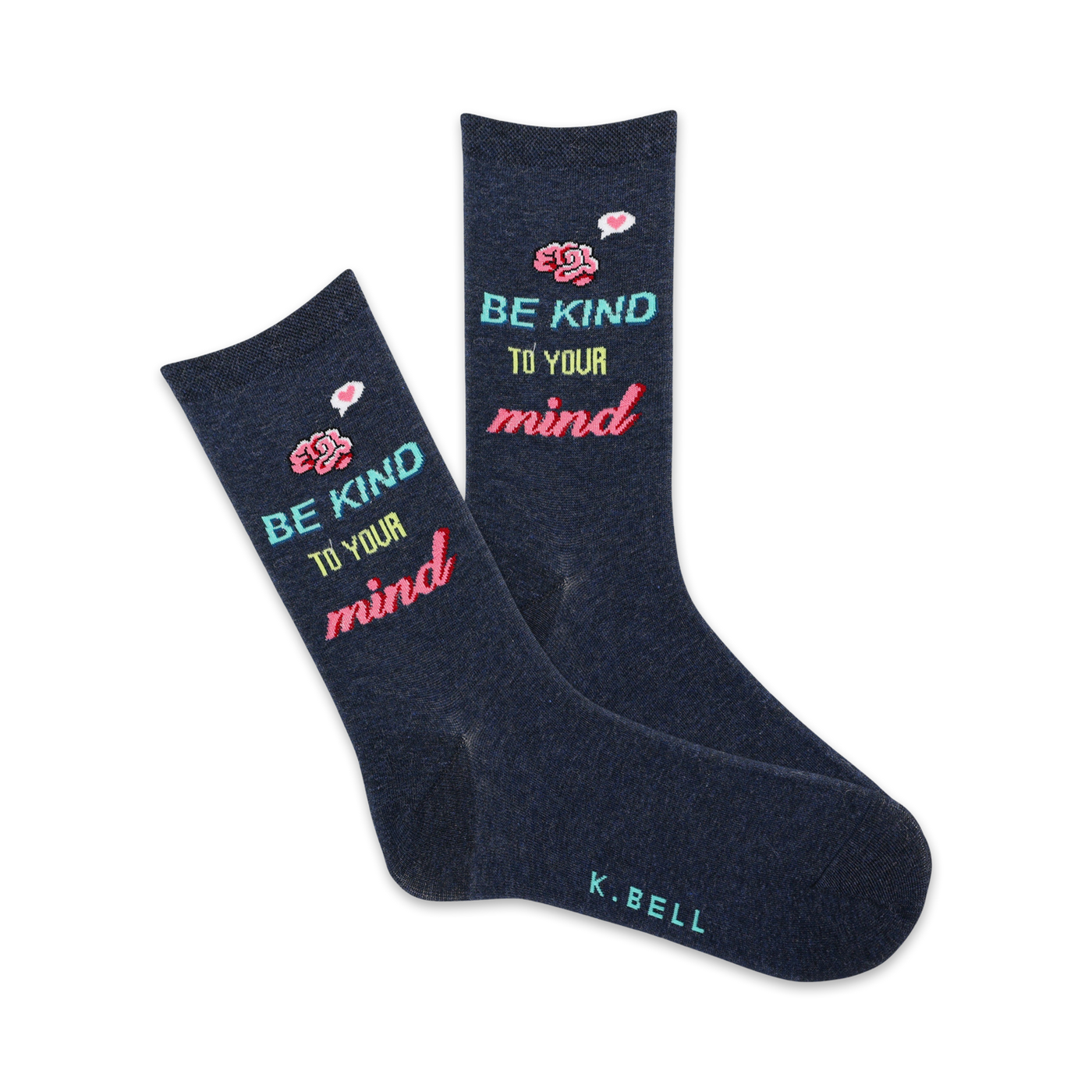 Pair of navy blue crew socks with the phrase 'Be Kind To Your Mind' in pastel colors and small flower illustrations.