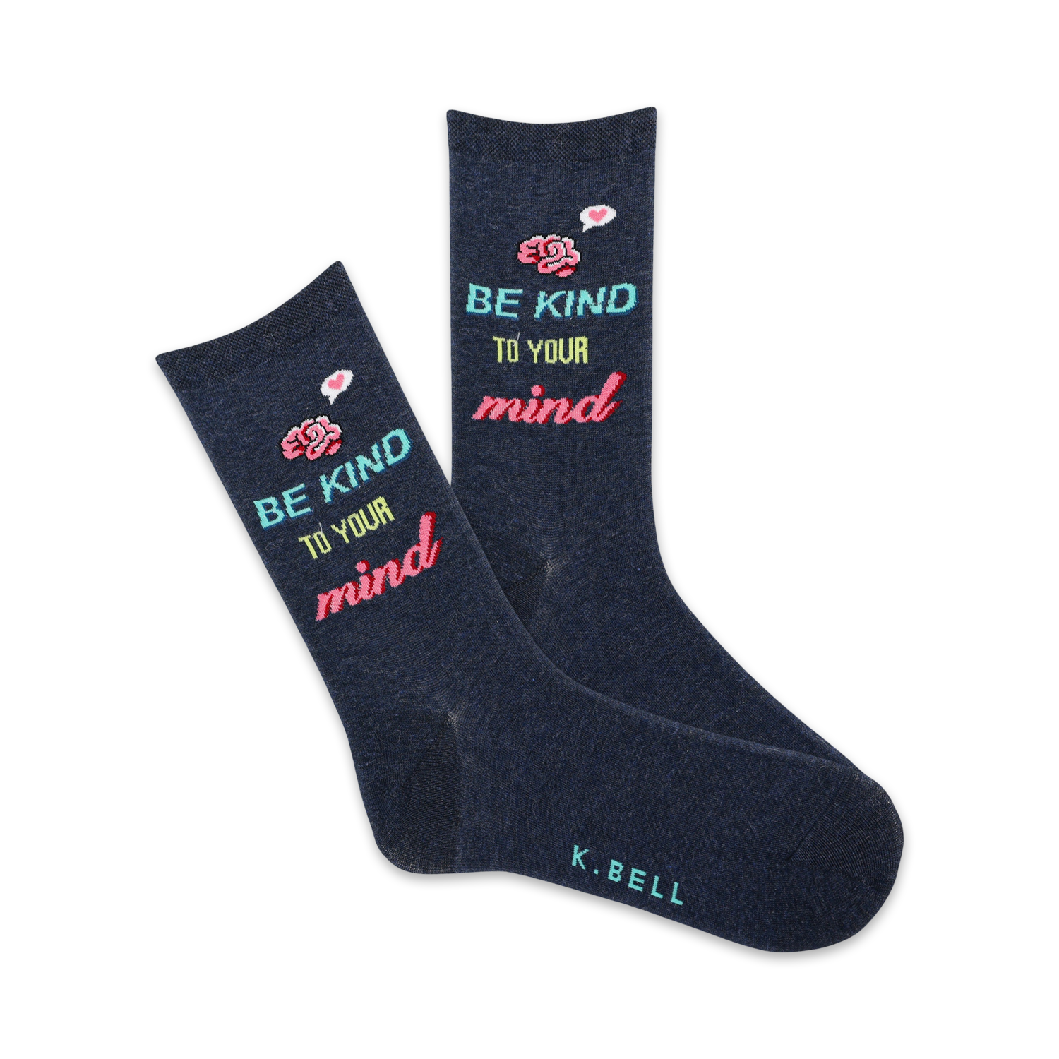 Pair of navy blue crew socks with the phrase 'Be Kind To Your Mind' in pastel colors and small flower illustrations.