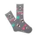 Pair of grey crew socks with a playful design. Features various coffee cups, a 'Espresso Yourself' slogan, and pink and teal accents.