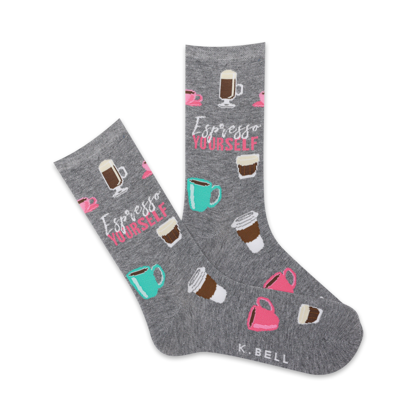 Pair of grey crew socks with a playful design. Features various coffee cups, a 'Espresso Yourself' slogan, and pink and teal accents.
