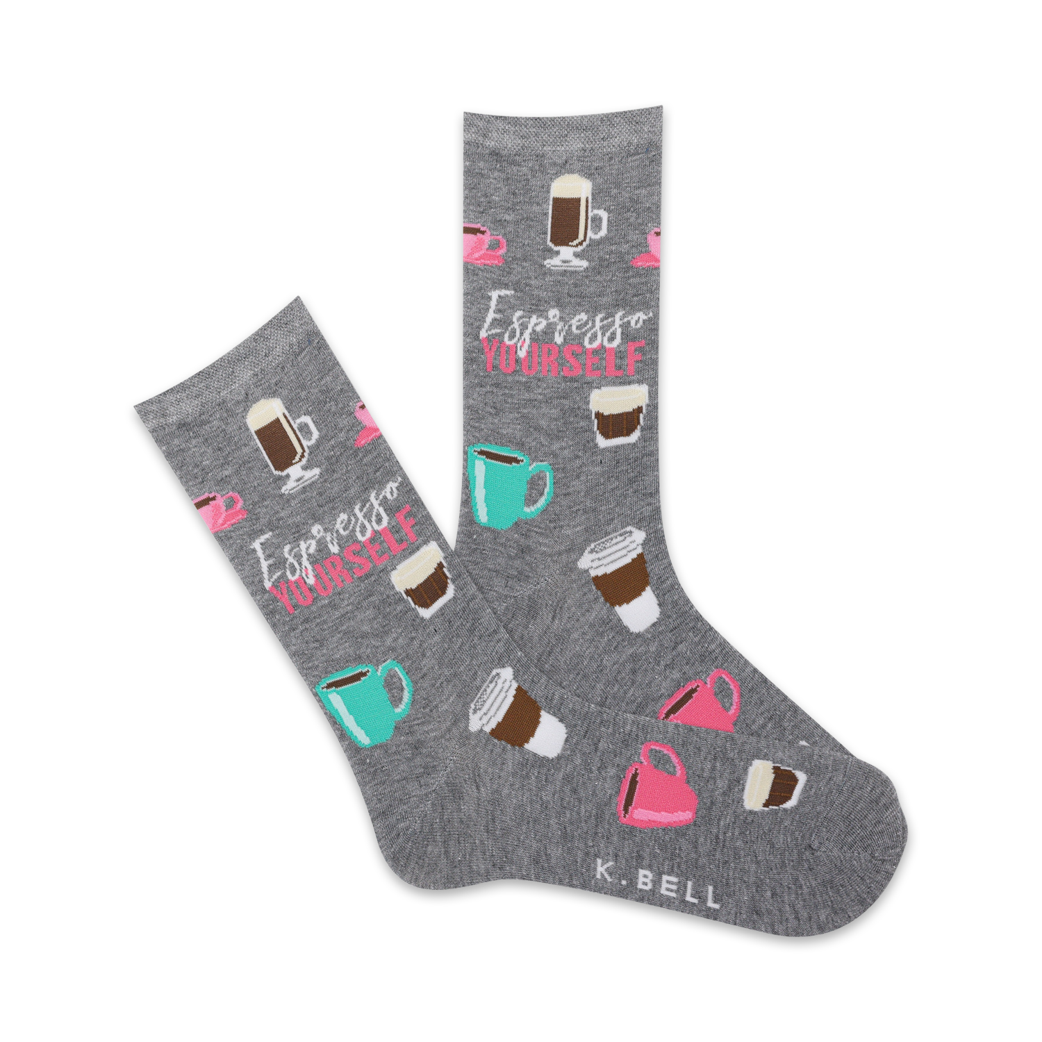 Pair of grey crew socks with a playful design. Features various coffee cups, a 'Espresso Yourself' slogan, and pink and teal accents.