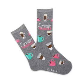   gray crew socks with coffee cup, bean pattern and "espresso yourself" text   
