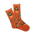 Pair of burnt orange crew socks featuring a repeating pattern of cats peeking from potted plants.  Green plants and terracotta pots are key design elements.