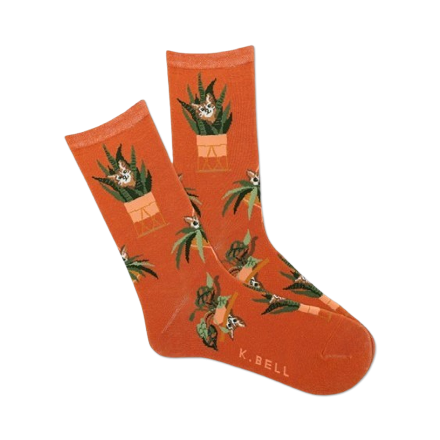 Pair of burnt orange crew socks featuring a repeating pattern of cats peeking from potted plants.  Green plants and terracotta pots are key design elements.