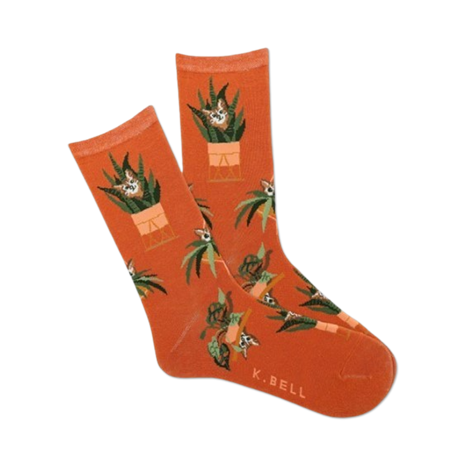Pair of burnt orange crew socks featuring a repeating pattern of cats peeking from potted plants.  Green plants and terracotta pots are key design elements.