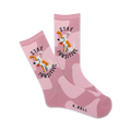 A pair of pink crew socks with a playful dog design. The socks feature an abstract pink pattern and the words 'Stay Pawsitive'.