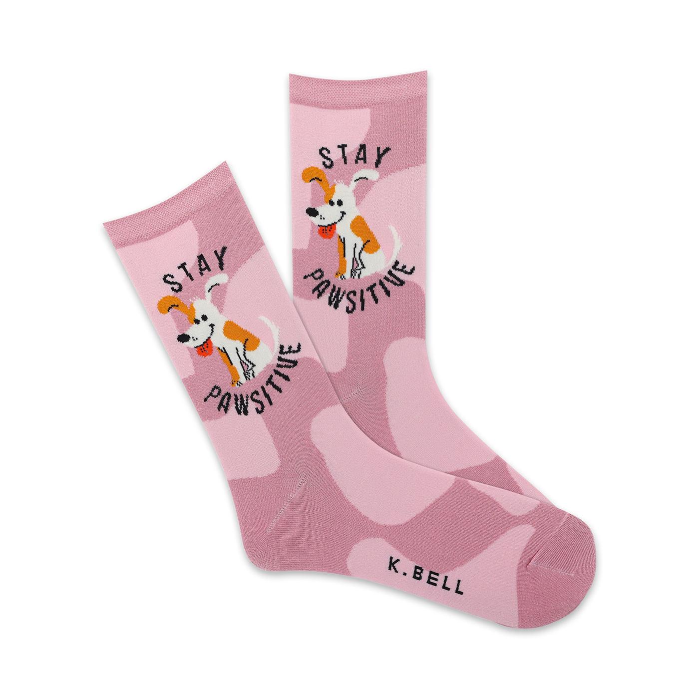 A pair of pink crew socks with a playful dog design. The socks feature an abstract pink pattern and the words 'Stay Pawsitive'.