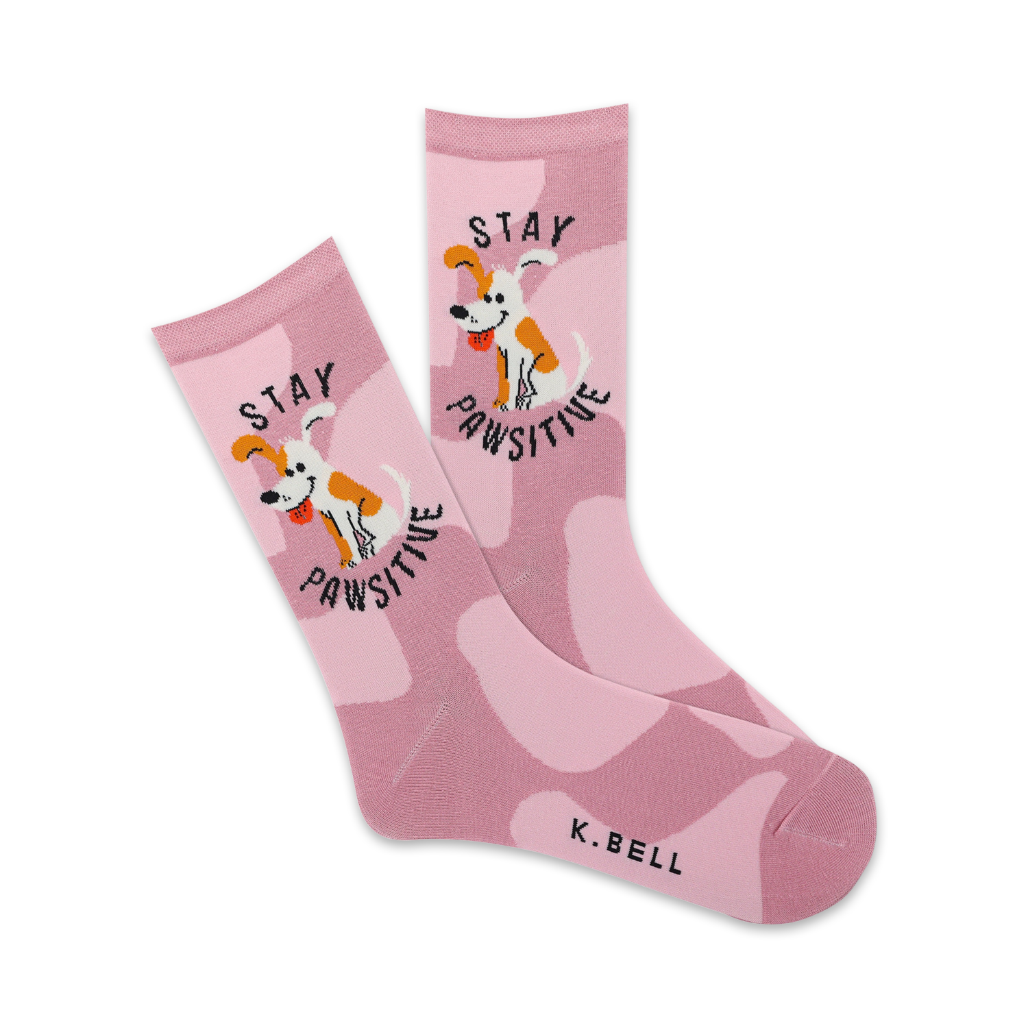 A pair of pink crew socks with a playful dog design. The socks feature an abstract pink pattern and the words 'Stay Pawsitive'.
