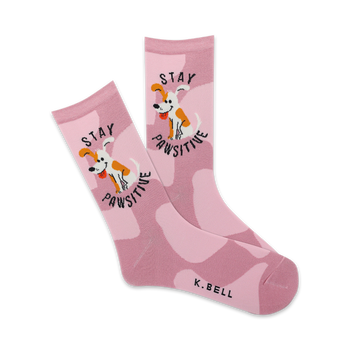  women's pink crew socks decorated with paw prints and the words "stay pawsitive."   