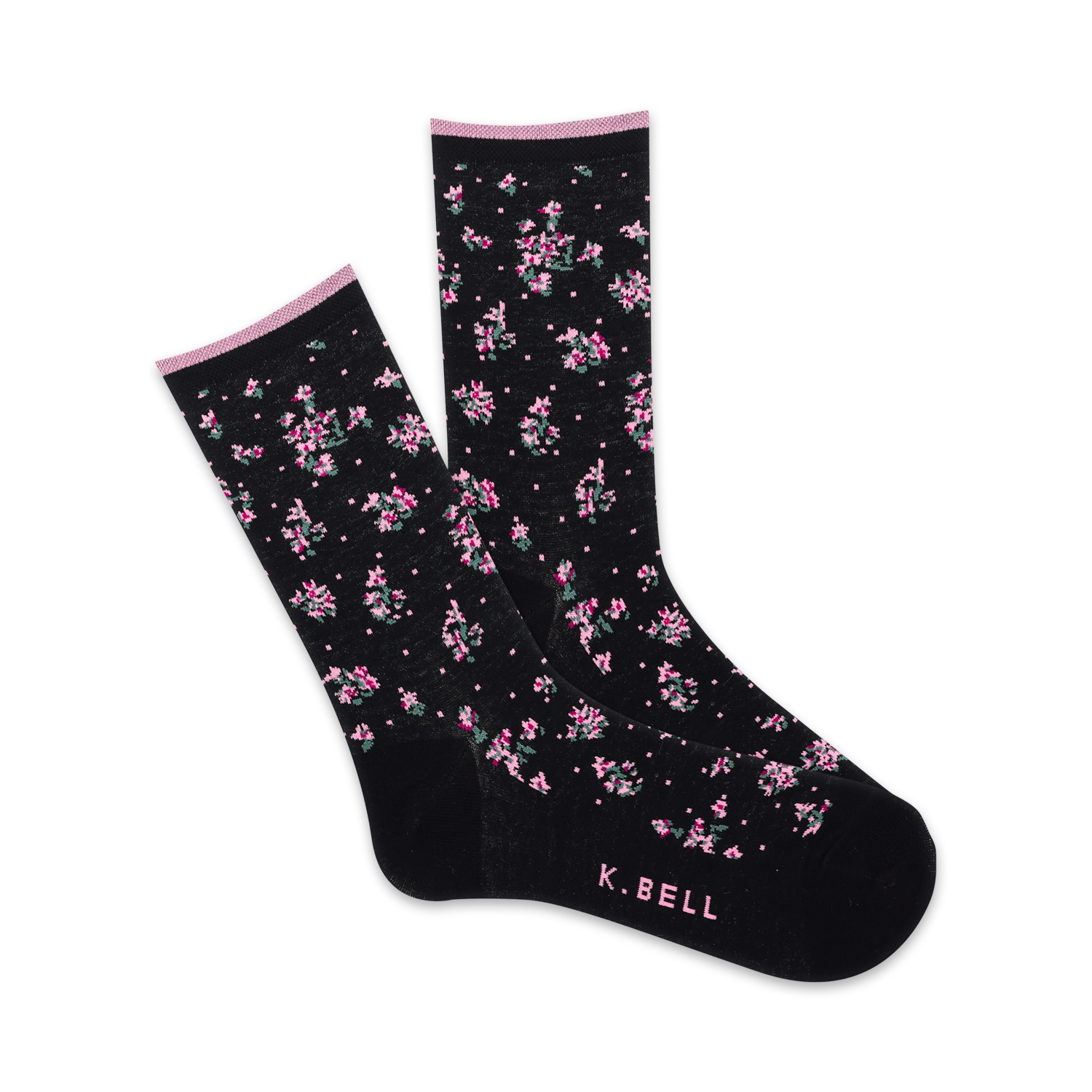Pair of black crew socks with a delicate pink and green floral pattern.  Features a subtle pink cuff and 'K.BELL' logo.
