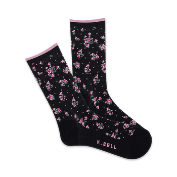 black crew socks with dainty pink and green floral pattern, ribbed cuff, and pink toe and heel.  