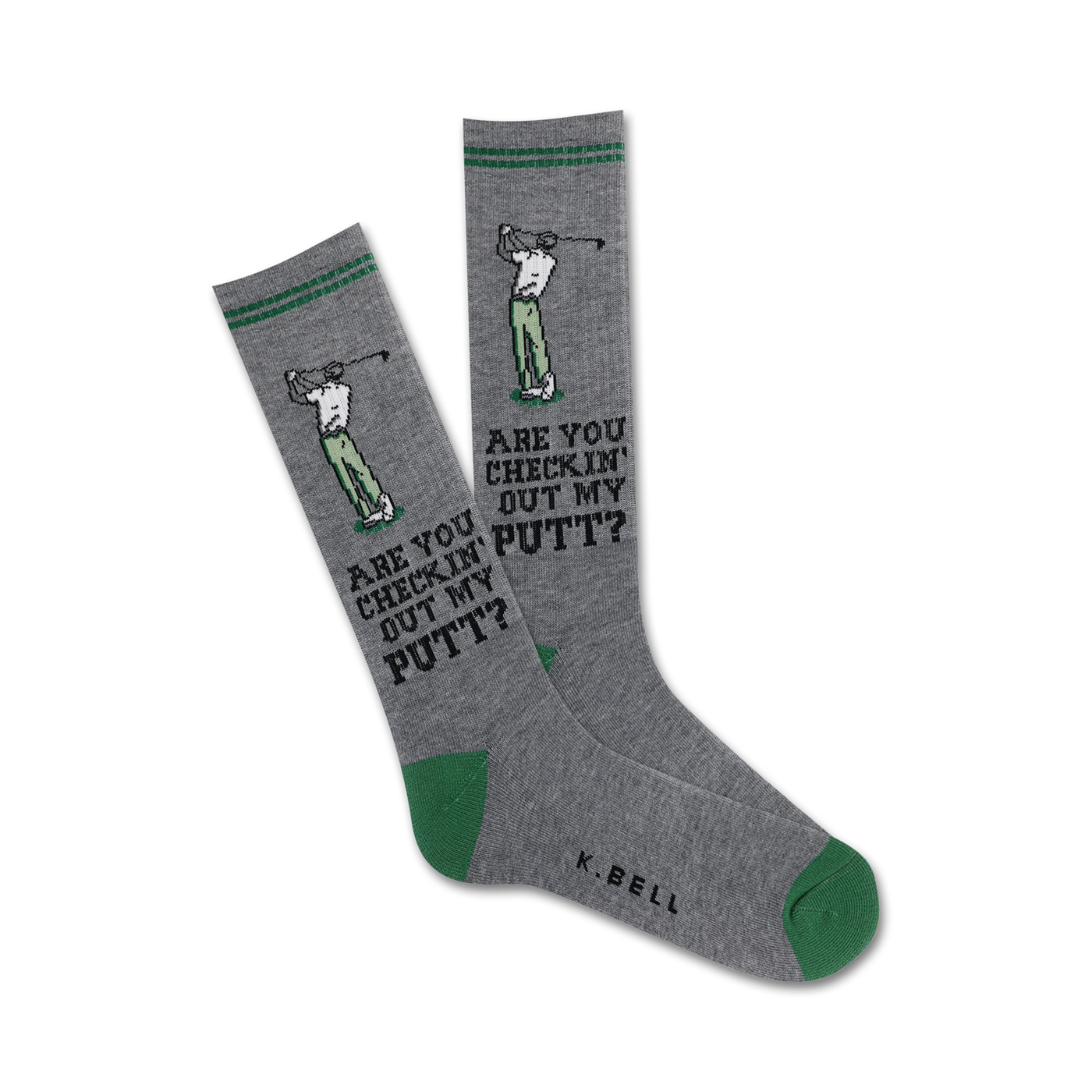 Grey crew socks with green accents, featuring a golfer graphic and the text 'Are you checkin' out my putt?'