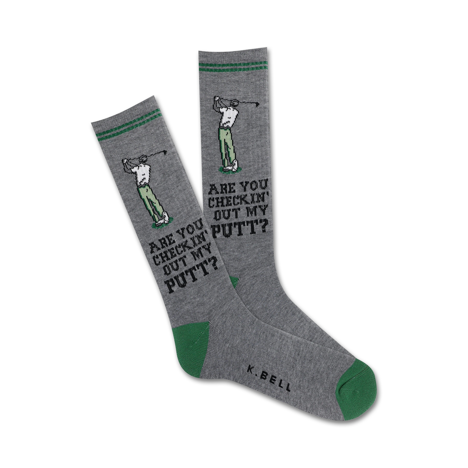 Grey crew socks with green accents, featuring a golfer graphic and the text 'Are you checkin' out my putt?'