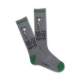 gray and green crew socks featuring a golfer design.  