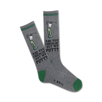 gray and green crew socks featuring a golfer design.  