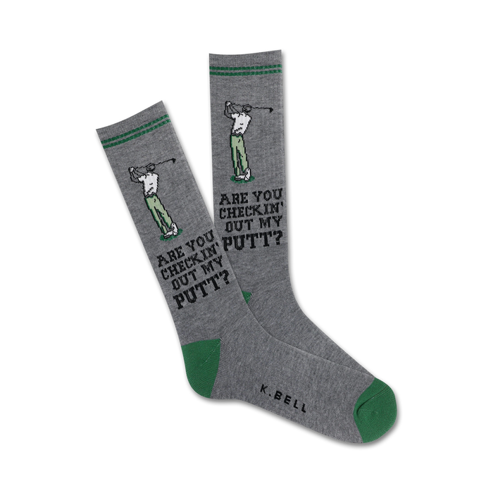 gray and green crew socks featuring a golfer design.   }}