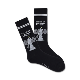 black crew socks with "see you in court" and greek statue tennis player design.   