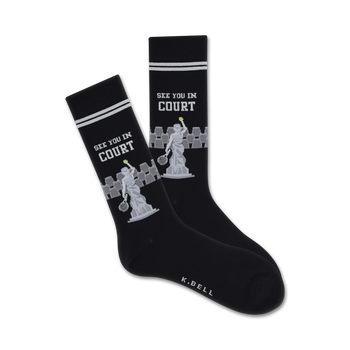 black crew socks with "see you in court" and greek statue tennis player design.   