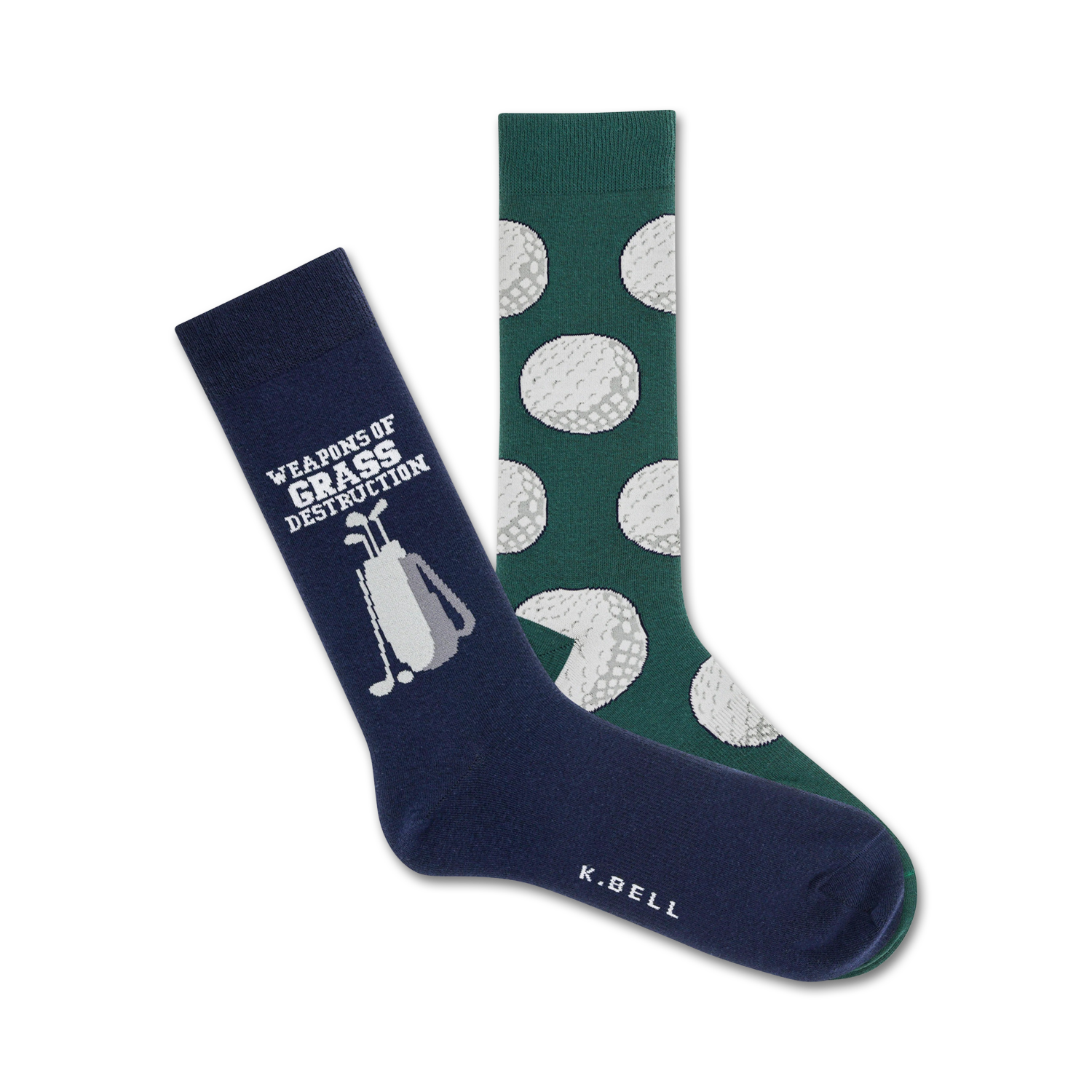 Two crew socks; one navy blue with golf clubs and text, one green with a repeating golf ball pattern.
