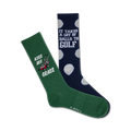 Two crew socks; one dark green with a lawnmower graphic and 'Kiss My Grass', the other navy blue with white golf ball polka dots and the text 'It Takes A Lot Of Balls To Golf'.