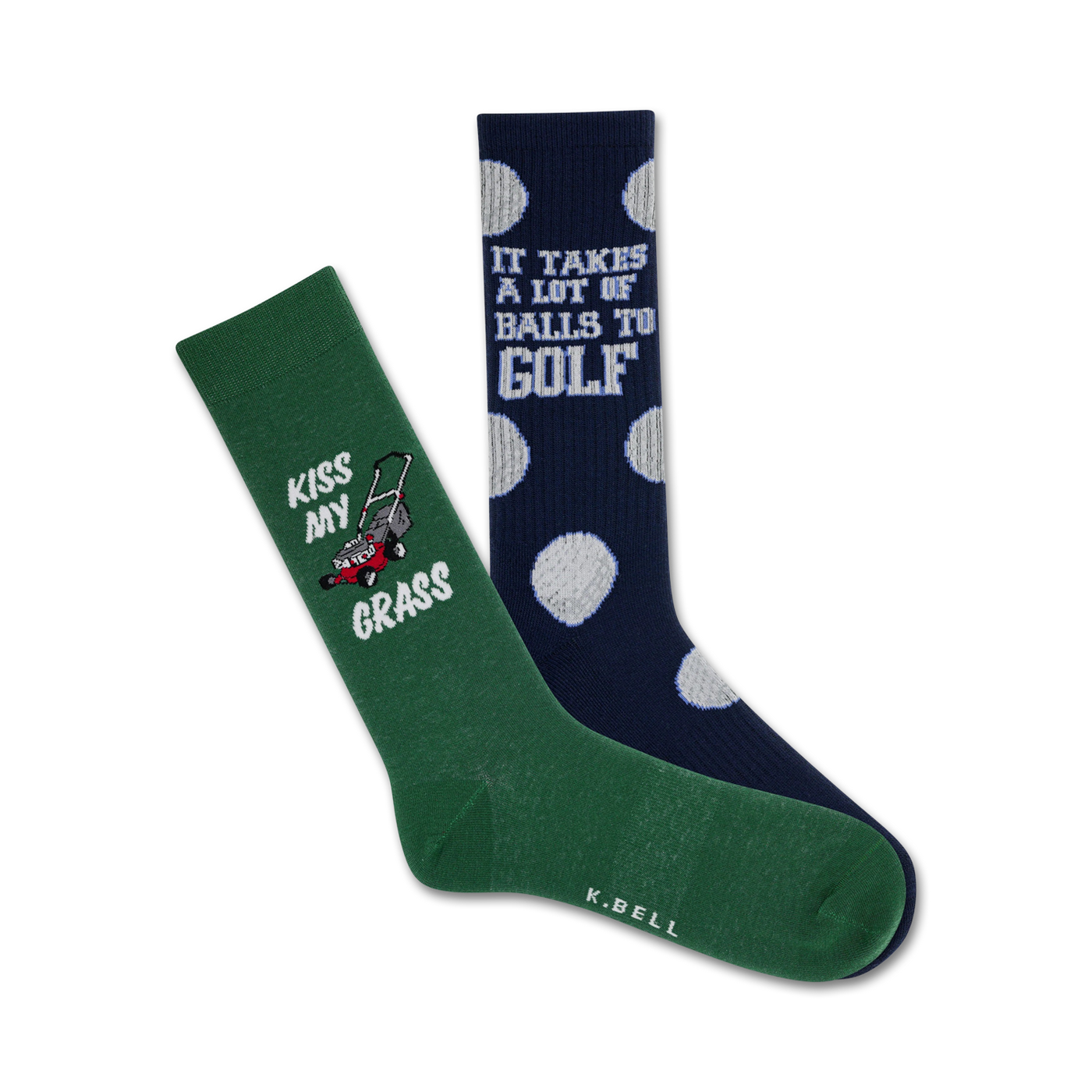 Two crew socks; one dark green with a lawnmower graphic and 'Kiss My Grass', the other navy blue with white golf ball polka dots and the text 'It Takes A Lot Of Balls To Golf'.